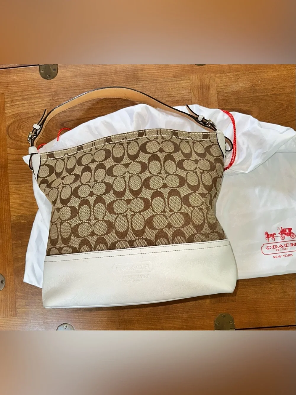 Coach Brown Khaki Signature Canvas Shoulder Bag with White Trim